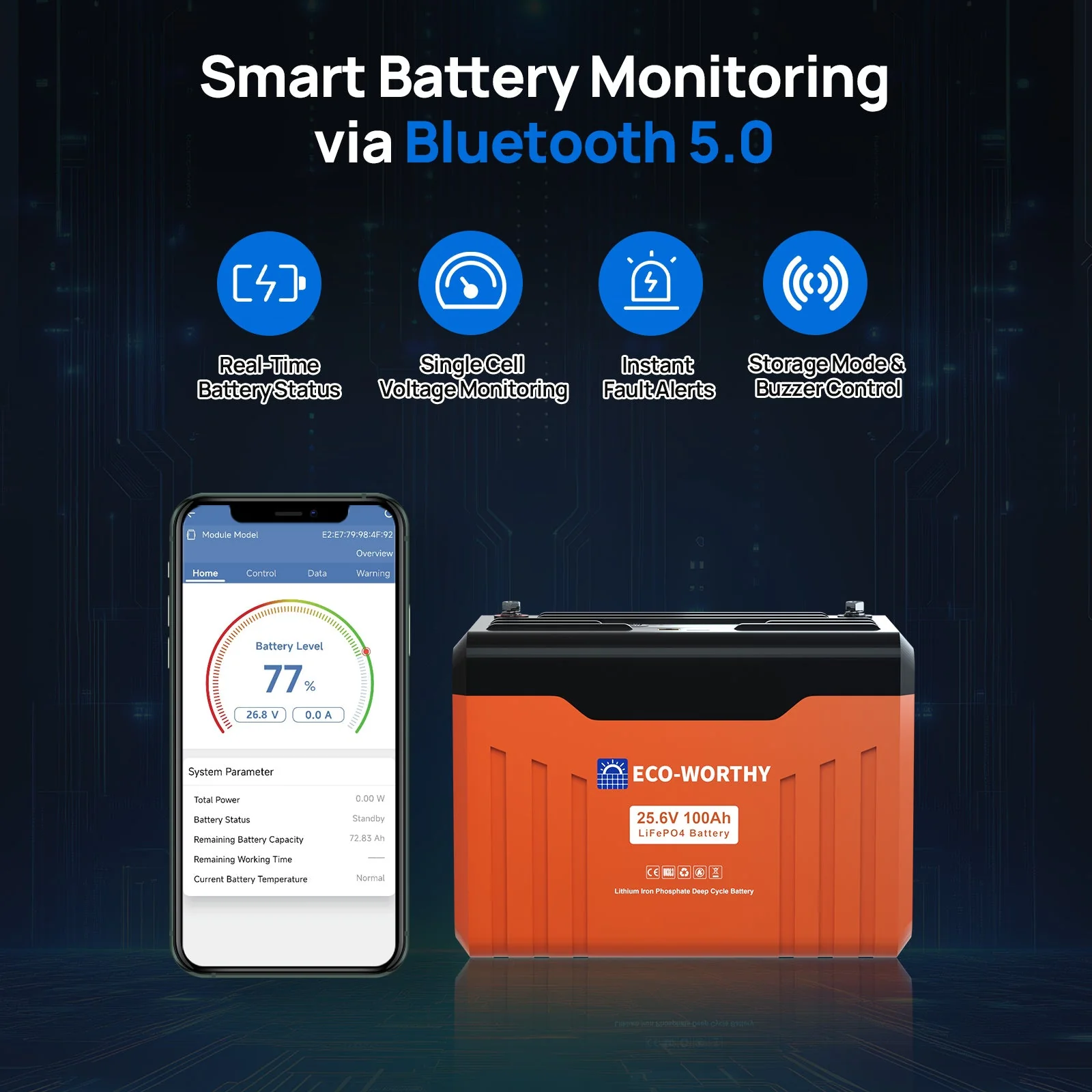 ECO-WORTHY 24V 100Ah Bluetooth Lithium Battery with BMS - Image 6