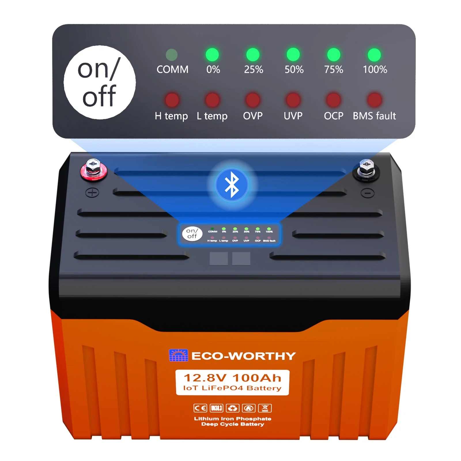 ECO-WORTHY 12V 100Ah LiFePO4 Lithium Battery with SOC Display - Image 3